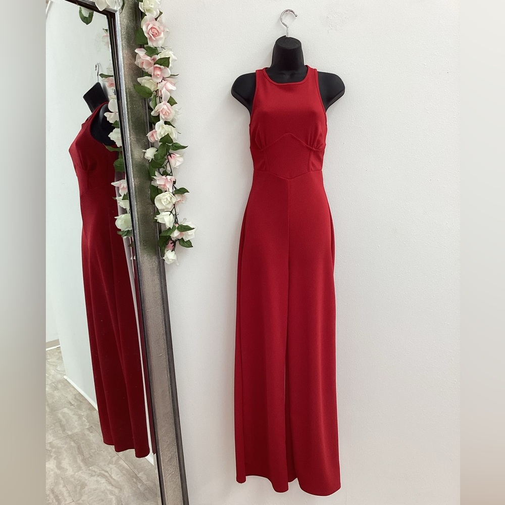 Red wide leg sleeveless jumpsuit romper